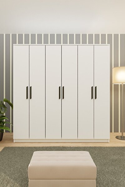 Metalia Gm 089 Favorite 6 Kapılı Aynasız Beyaz Siyah Kulplu Gardırop