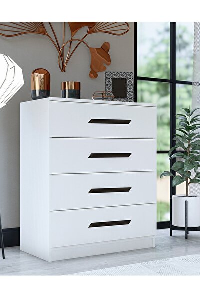 Metalia Gm 084 Almina 4 Çekmeceli Siyah Kulplu Beyaz Şifonyer