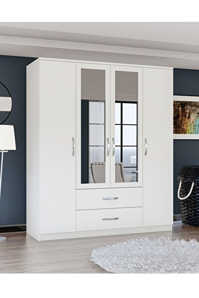 Metalia Gm0035 Esil 4 Kapılı 2 Çekmeceli Aynalı Gardrop Dolap Beyaz
