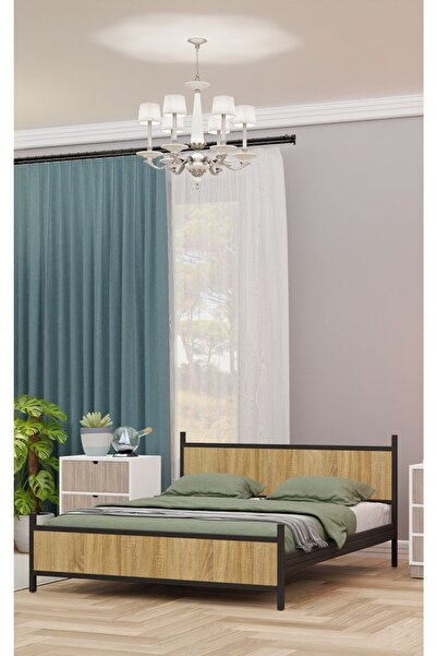 Metalia Gm 305 Modern Çift Kişilik Ahşap Metal Siyah Atlantik Çam Karyola 160...