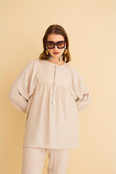 Basicpark Pinky Buttoned Sleeves Gathered Linen Stone Tunic Trousers