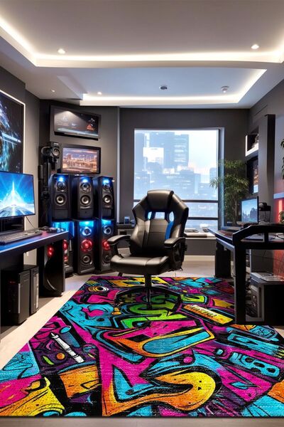 AIDA HOME Culty Gamer Halısı, Şönil Pamuk Tabanlı, Kaydırmaz, Yıkanabilen, Ga...
