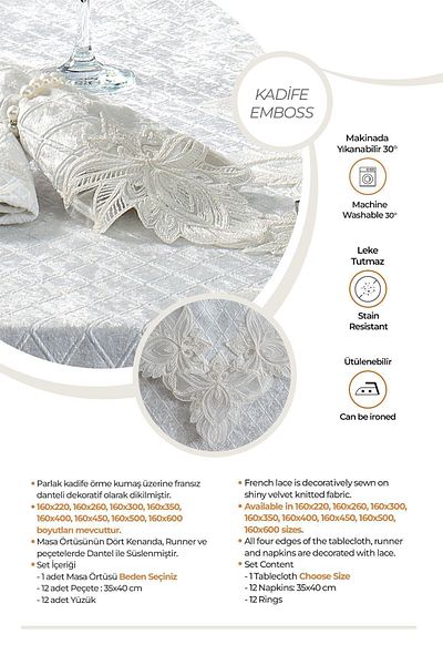 Evlen Home Collection Set Fata de Masa Velvet Luxury Dantela Dantela 26 Piese Petrana Crem