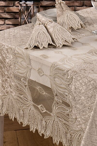 Evlen Home Collection Velvet Luxury Tablecloth Set Lacy Laced 25 Pieces Vels Cappuccino