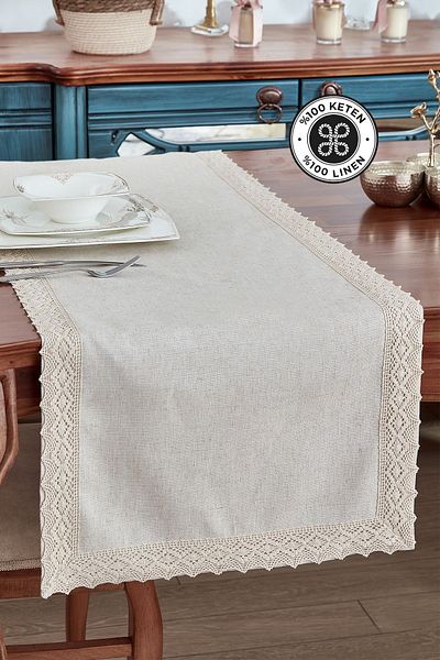 Evlen Home Collection Μπεζ Χρώμα 100% Λινό Βαμβακερό Ruched Runner - 50x130 cm Λινό τραπεζομάντιλο, Τραπεζάκι σαλονιού Αδιάβροχο