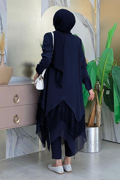 Bym Fashion Navy Blue Asymmetric Tunic 2758 - Λεπτομέρεια από δαντέλα και σιφόν