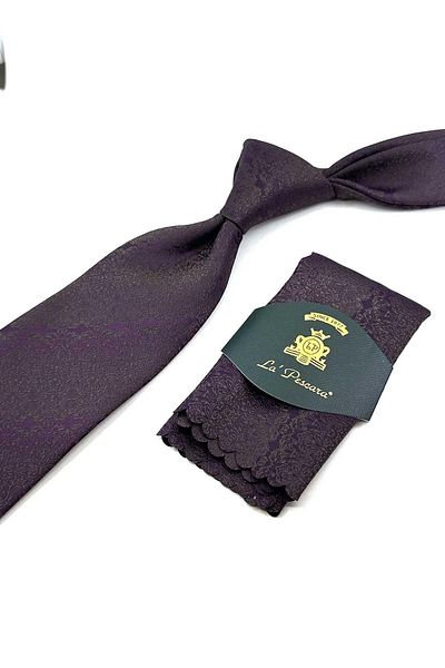 Kravatkolik Plum - Brown Motif Pattern Classic Necktie with Handkerchief KK12427