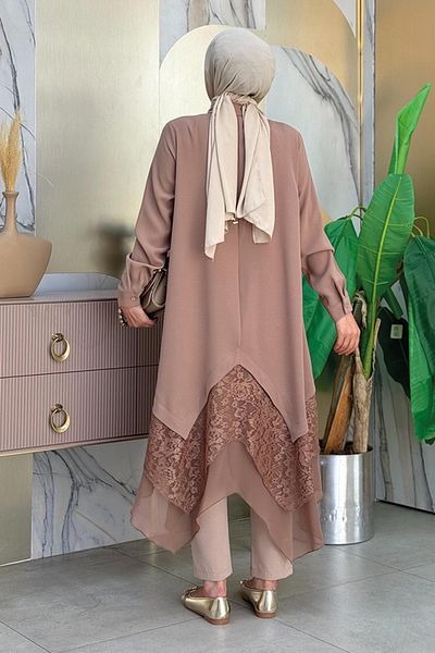Bym Fashion Ασύμμετρη κοπή δαντέλα και σιφόν λεπτομερή τουνίκ 2758 - Mink