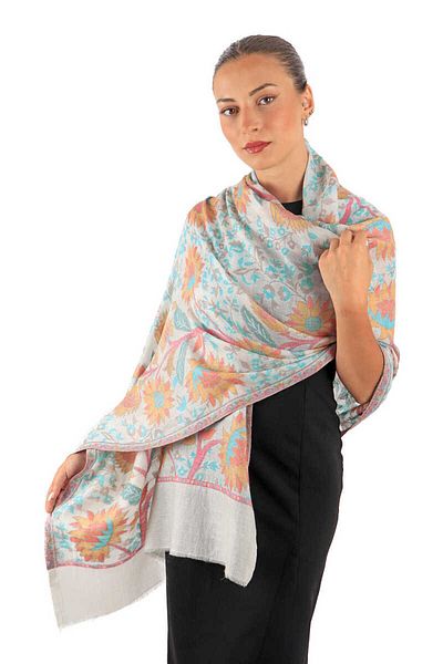 Bursa İpek Jacquard Patterned Turquoise Wool Shawl
