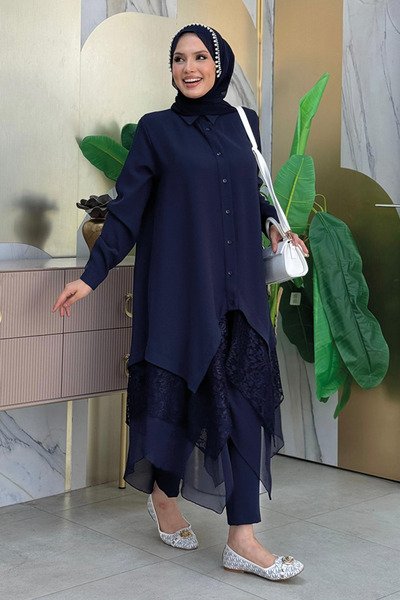 Bym Fashion Navy Blue Asymmetric Tunic 2758 - Lace and Chiffon Detailed