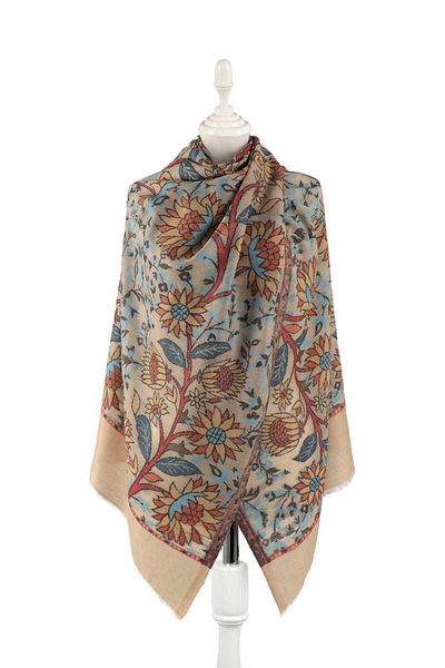 Bursa İpek Jacquard Patterned Beige Wool Shawl