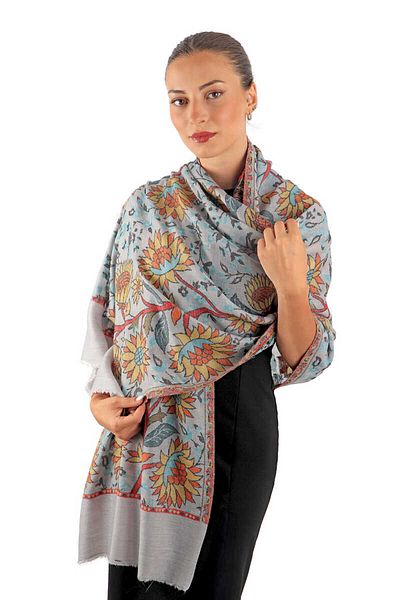 Bursa İpek Jacquard Patterned Light Gray Wool Shawl