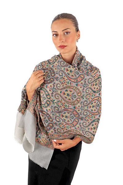 Bursa İpek Wool Shawl - Stone Jacquard Patterned