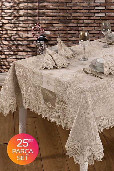 Evlen Home Collection Кадифена луксозна покривка за маса с дантелена връзка 25 части Vels Cappuccino