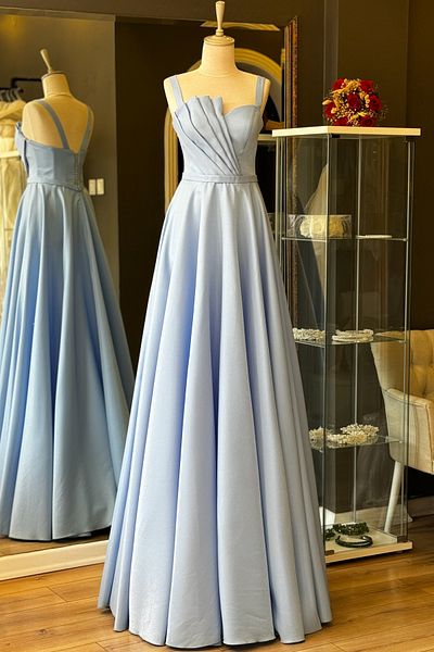 Lenta Moda Ice Blue Satin Maxi Evening Dress - Draped Detailed Evening Gown