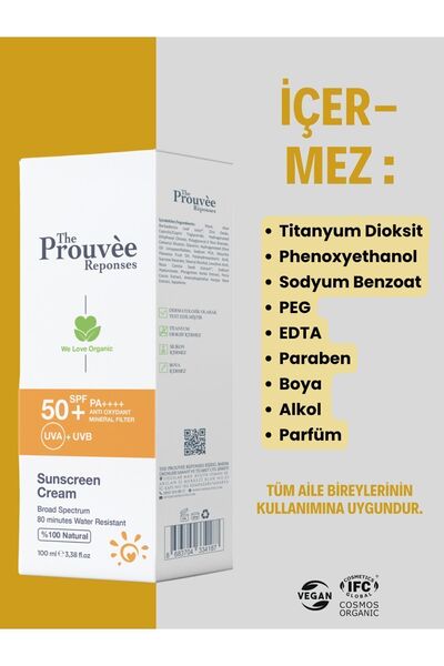 The Prouvee Reponses %100 Doğal 50+SPF Yüz Vücut Organik Güneş Koruyucu Krem 100 ml