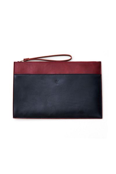 HELMBROOK Beverly Women - Claret Red Black Leather Portfolio Bag with Pocket and Zipper, Rfid Protection