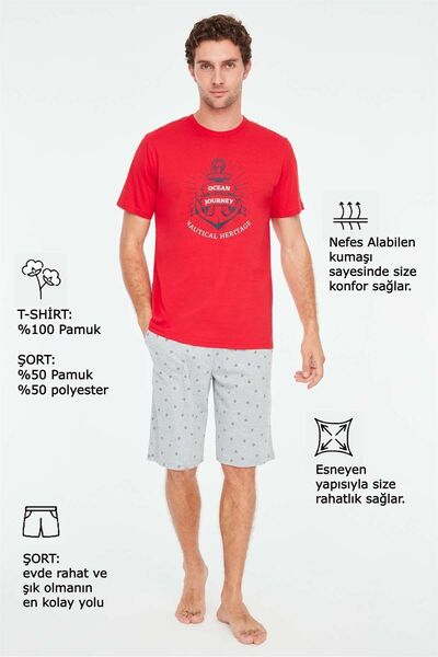 Mod Collection 3819 Erkek Kırmızı Şortlu Pijama Pijama Takımı-kırmızı