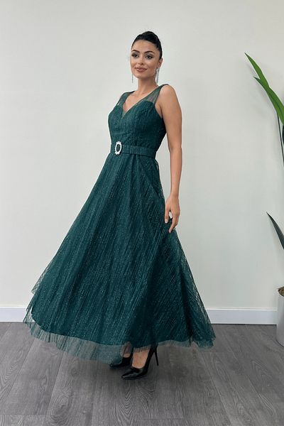 giyimmasalı Emerald Green Glitter Midi Φόρεμα - Sand Strap