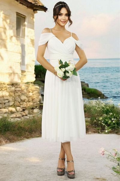 FaBe Fashion Midi Length Rope Strap Double Breasted Collar and Low Sleeve Lycra Tulle Wedding and Engagement Dress