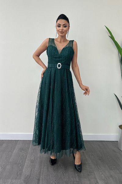 giyimmasalı Emerald Green Glitter Midi Φόρεμα - Sand Strap