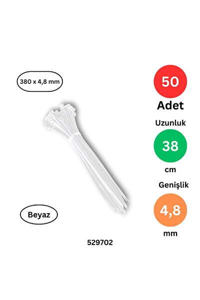 Tek-İş Plastik Kablo Bağı Klipsi Cırt Kelepçe 380 mm X 4.8 mm Beyaz 50 Adet