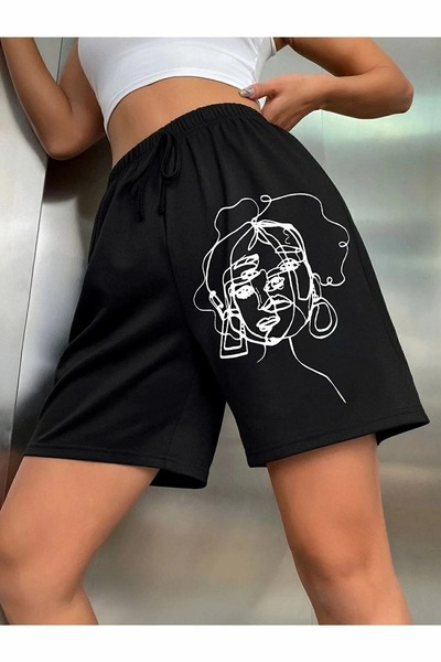 DAXİS Sportwear Company Baskılı Kısa Kadın Şort Siyah Şort Baskılı