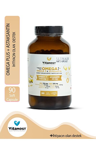 Vitamost Omega Plus (OMEGA 3,ASTAKSANTİN 40MG, D3K2, KOENZİM Q10) Balık Yağı,...