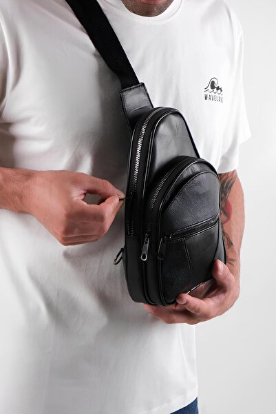 Erzeno Erkek Siyah Hakiki Deri Bodybag Çapraz Göğüs Çantası