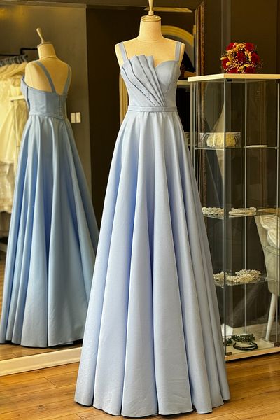 Lenta Moda Ice Blue Satin Maxi Evening Dress - Draped Detailed Evening Gown