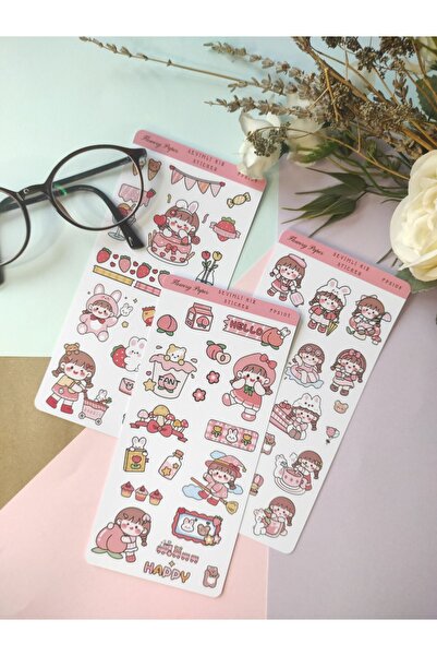 Flowery Paper Pembe Sevimli Kız 3'lü Sticker Set - Defter ,ajanda , Journal,s...