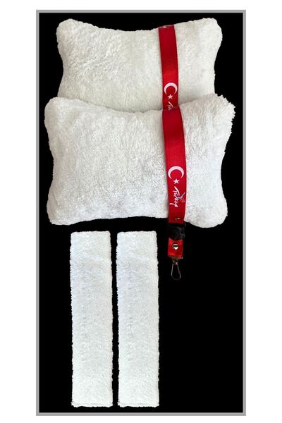 TUSBA MARKET Pachet de 2 perne de călătorie din pluș alb pentru gât și curea - șnur pentru agățat pentru oglindă auto