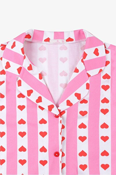 koza iç giyim Kadın Pamuklu Kısa Kollu Gömlek Yaka Kalp Desenli Şortlu Pijama Takımı
