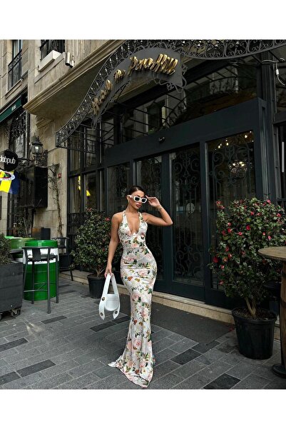 Paraf style Екру дълга рокля - дълбоко V-образно деколте, без презрамки и с ф...