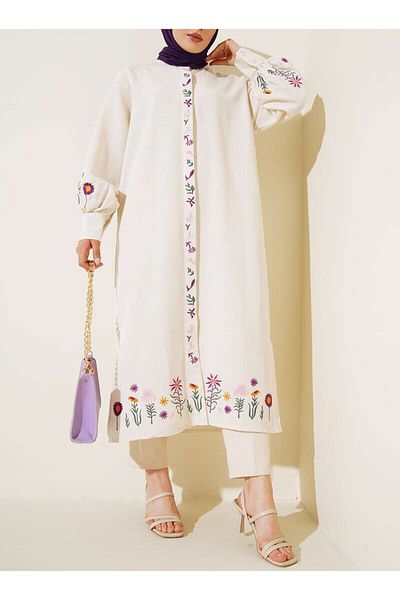 Lavanta Tekstil Embroidered Hijab Kimono Dress Ecru Linen