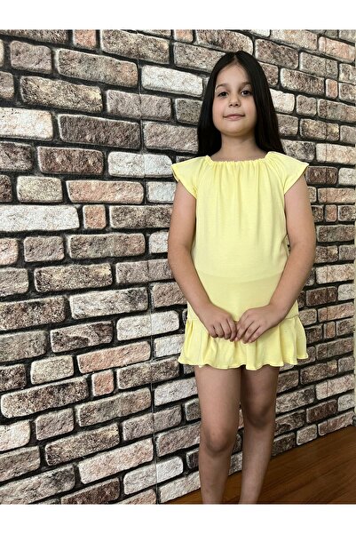 YENİÇAĞ Yakası lastikli etek ucu pileli kız çocuk elbisesi