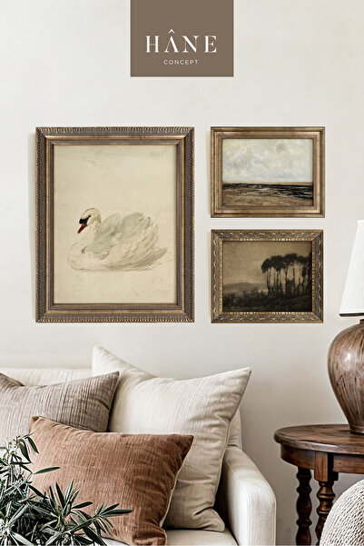 Hane Concept Vintage Çerçeveli 3'lü Tablo Seti, Rustic Galeri Set, Sanatsal Baskılı Tablo, Çiftlik Evi Tarzı