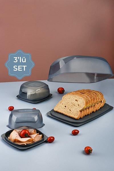 Vienev 3-Piece Serving Serving Plate with Lid - Bread and Catering Plate Anthracite