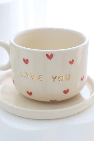 ada mia seramik İ Love You Kalp Desenli Özel Tasarım 24k Altın Dekorlu El Yapımı Seramik Mug 200 ml