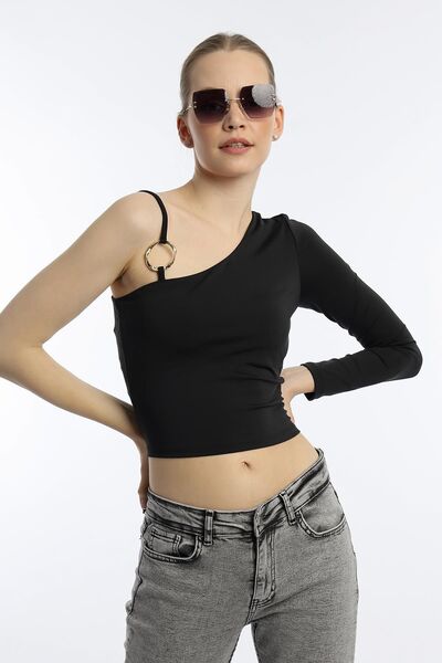 QUHOX Μαύρο υφασμάτινο γυναικείο μπλουζάκι Allegro με ένα μπράτσο