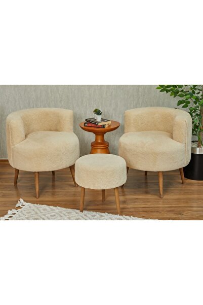WEBPANYA Krem Teddy Kumaş Çay Seti Ikili Koltuk Berjer Ve Puf Takımı (salon, Balkon, ) 3 Lü Takım