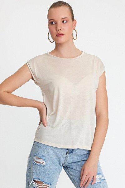 QUHOX تي شيرت نسائي مصنوع من اللايوسل بنسبة 100% ذو رقبة دائرية بلون حجري