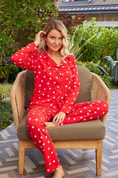 PİJAMOOD Kadın Kırmızı Uzun Kollu Pamuklu Önden Düğmeli  Pijama Takımı