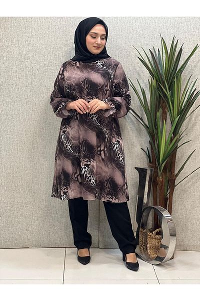 Butik büyük beden تونيك شيفون منقوش - قصة مريحة