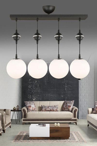 SONSUZ AYDINLATMA&AVİZE Pendant Lamp Row Black 4-Piece White Glop Top Glass Chrome Downward Facing Luxury Chandelier