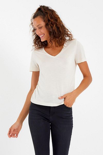 QUHOX Tricou damă din material modal cu decolteu în V, Ecru