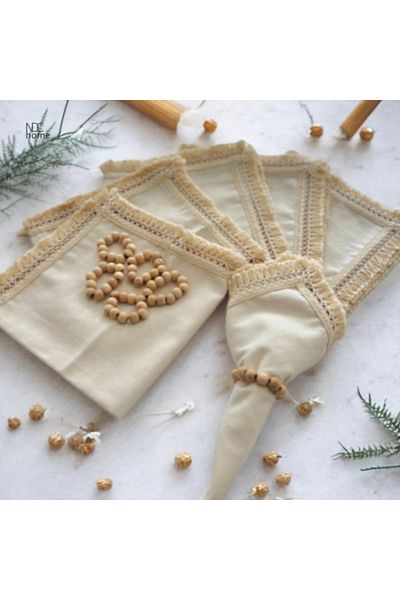 NDC HOME Organic Raw Linen Fringed 6-Piece 40 X 40 Napkin Set with Wooden Buckle Gift