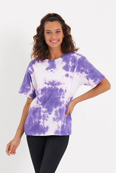 QUHOX Tricou supradimensionat pentru damă, spălat în batik, violet