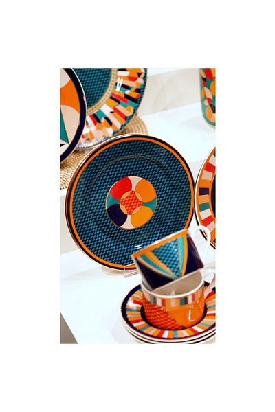 Lucky Art Leslie Bone - Set of 7 Geometric Patterned Porcelain Cake Plates