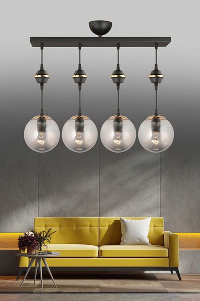 SONSUZ AYDINLATMA&AVİZE Row of Black 4-Piece Smoked Glop Top Glass Downward Facing Luxury Chandelier